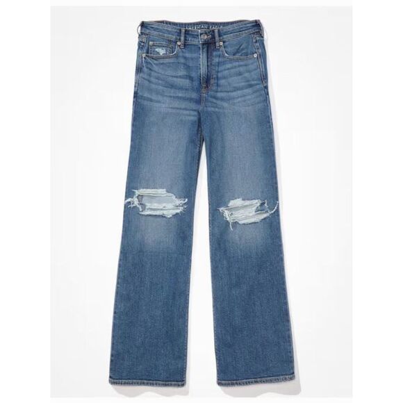 American Eagle Dreamy Drape Stretch High-Waisted Baggy Wide-Leg Jeans denim 8 - Picture 1 of 9